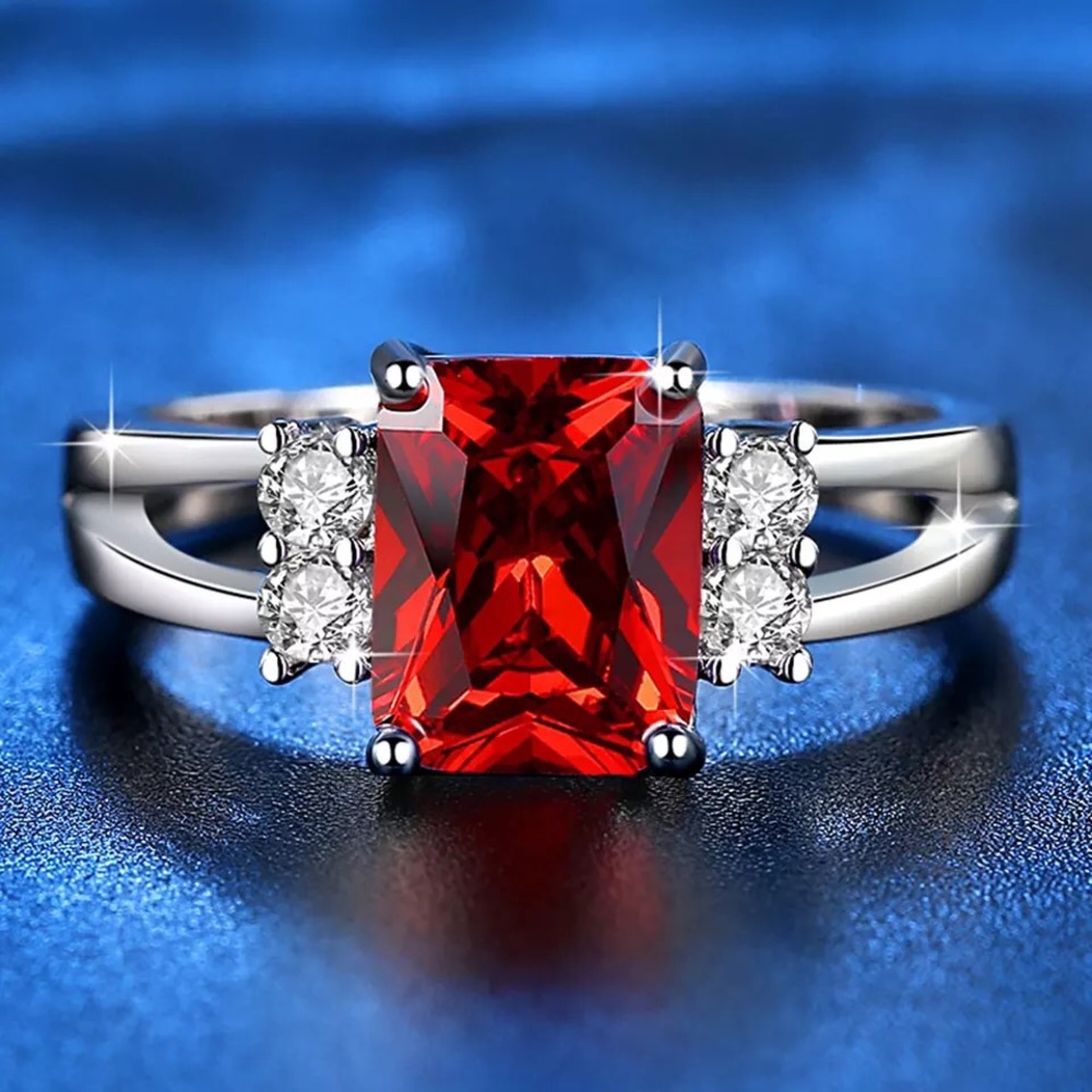 Silver-tone Emerald Cut Cubic Zirconia Ruby Ring
